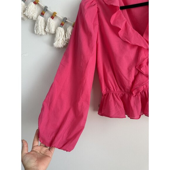 Evereve Pink Surplice Ruffle Balloon Sleeve Top Coquette Fairy Whimsical S - Picture 3 of 7